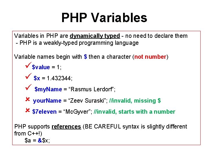 PHP Variables in PHP are dynamically typed - no need to declare them -