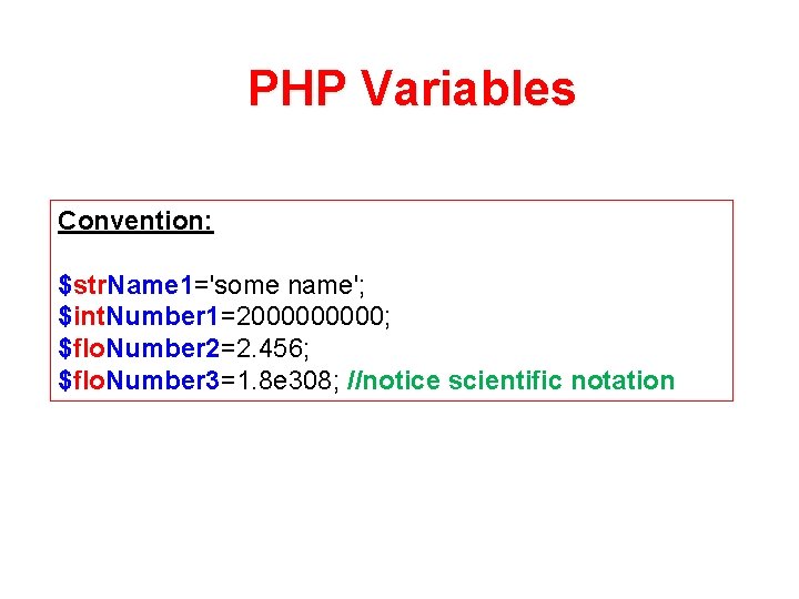 PHP Variables Convention: $str. Name 1='some name'; $int. Number 1=200000; $flo. Number 2=2. 456;