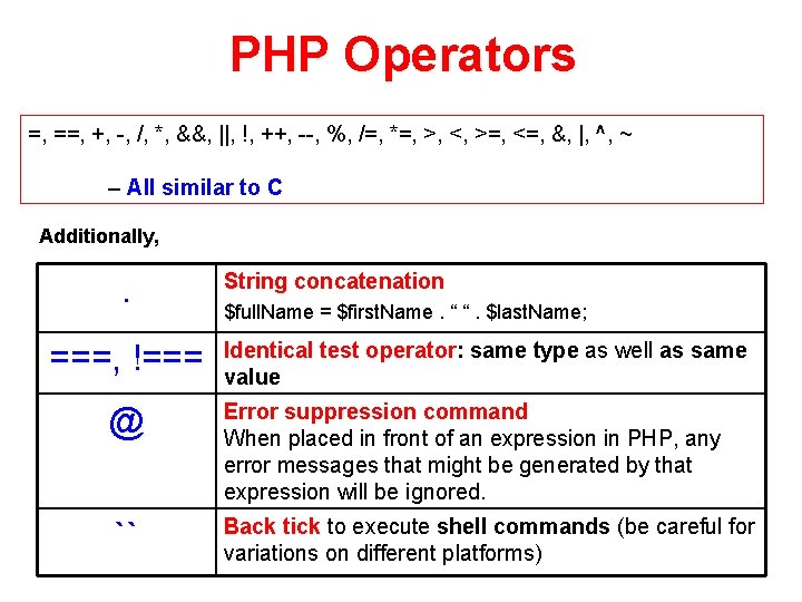 PHP Operators =, ==, +, -, /, *, &&, ||, !, ++, --, %,