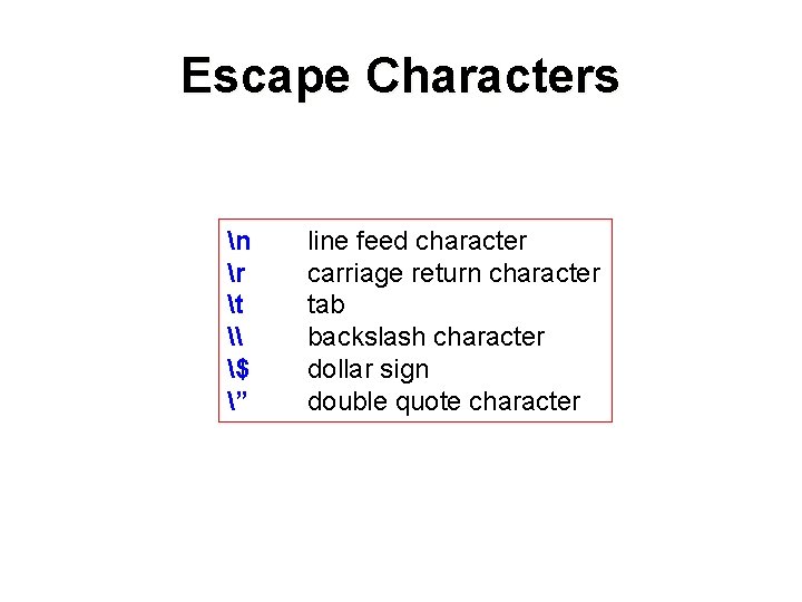 Escape Characters n r t \ $ ” line feed character carriage return character