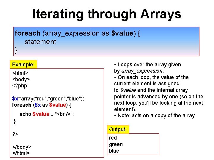 Iterating through Arrays foreach (array_expression as $value) { statement } Example: <html> <body> <?