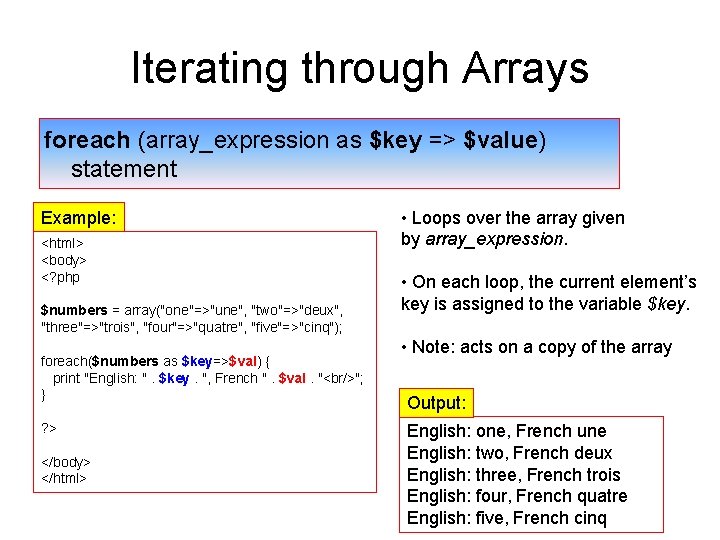 Iterating through Arrays foreach (array_expression as $key => $value) statement Example: <html> <body> <?