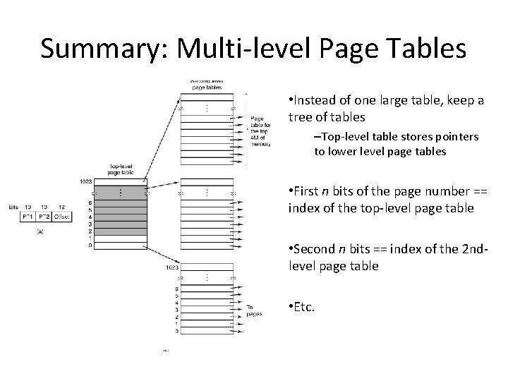 Summary: Multi-level Page Tables • Instead of one large table, keep a tree of