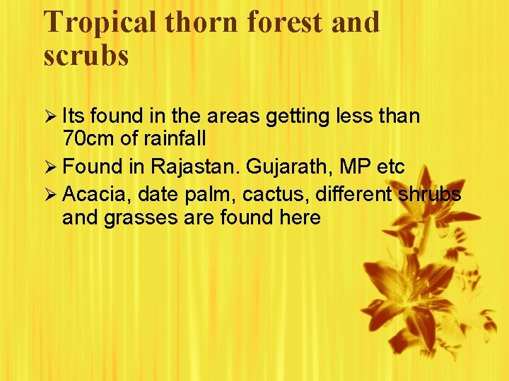 Tropical thorn forest and scrubs Ø Its found in the areas getting less than