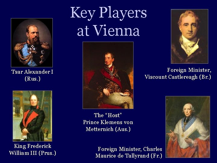 Key Players at Vienna Foreign Minister, Viscount Castlereagh (Br. ) Tsar Alexander I (Rus.