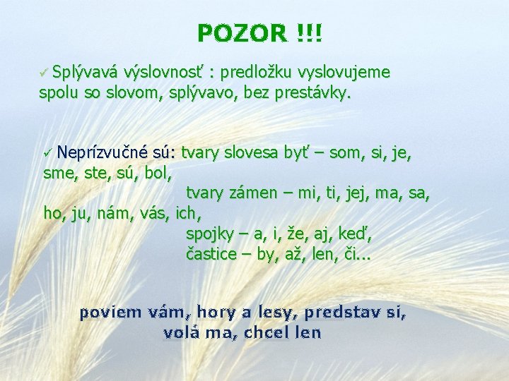 POZOR !!! ü Splývavá výslovnosť : predložku vyslovujeme spolu so slovom, splývavo, bez prestávky.