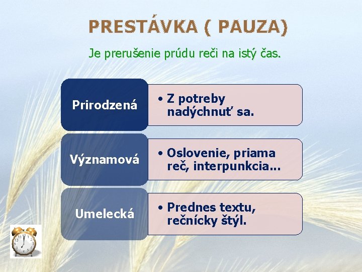 PRESTÁVKA ( PAUZA) Je prerušenie prúdu reči na istý čas. Prirodzená • Z potreby