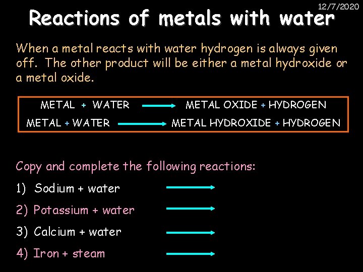 12/7/2020 Reactions of metals with water When a metal reacts with water hydrogen is