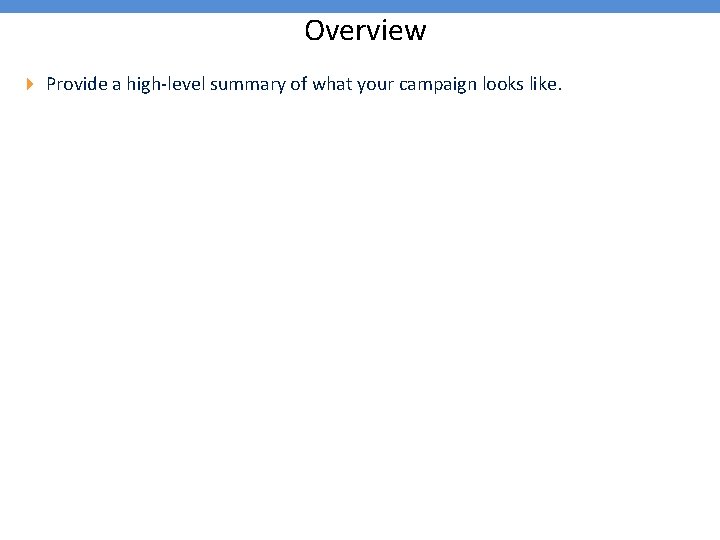 Overview 4 Provide a high-level summary of what your campaign looks like. 