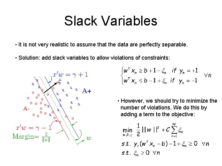 Slack Variables • It is not very realistic to assume that the data are