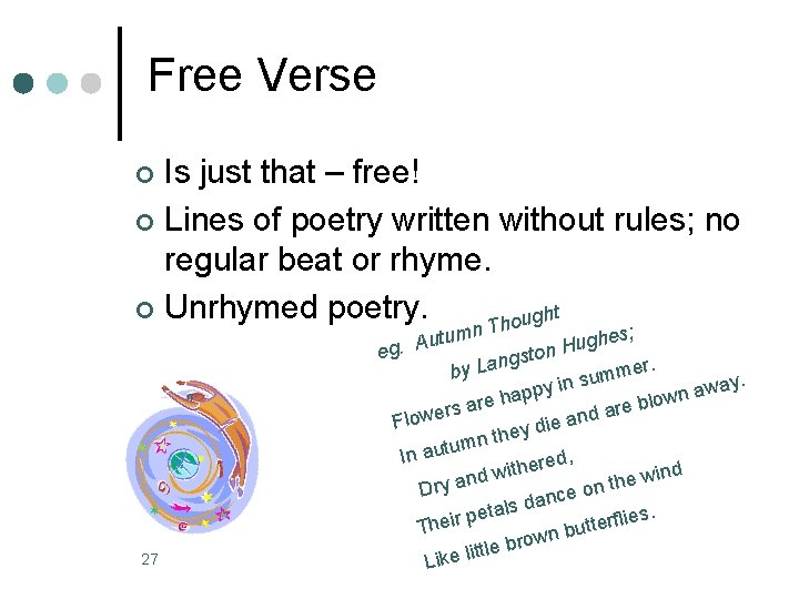 Free Verse Is just that – free! ¢ Lines of poetry written without rules;