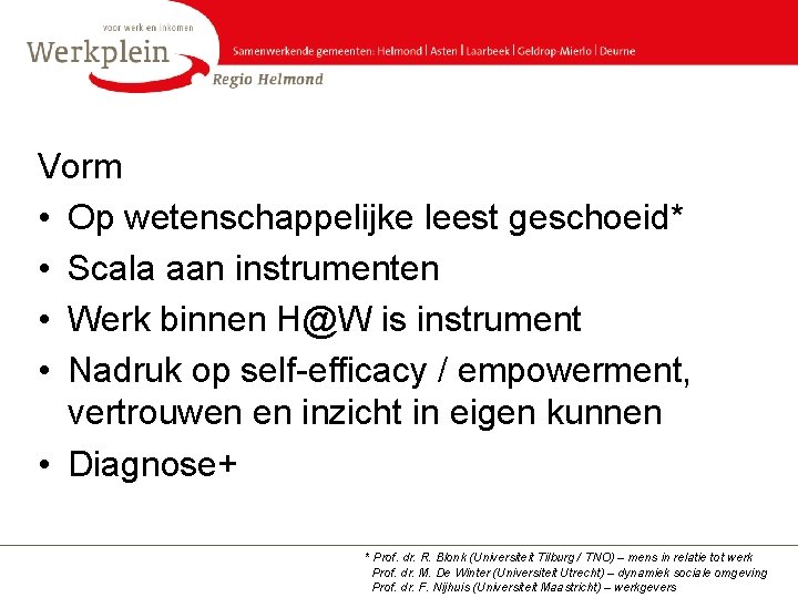 Vorm • Op wetenschappelijke leest geschoeid* • Scala aan instrumenten • Werk binnen H@W