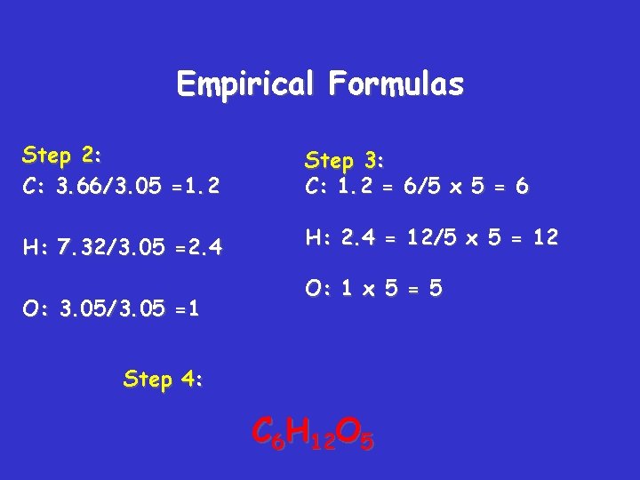 Empirical Formulas Step 2: C: 3. 66/3. 05 =1. 2 Step 3: C: 1.