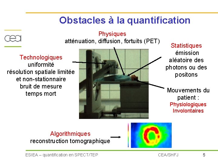 Obstacles à la quantification Physiques atténuation, diffusion, fortuits (PET) Technologiques uniformité résolution spatiale limitée