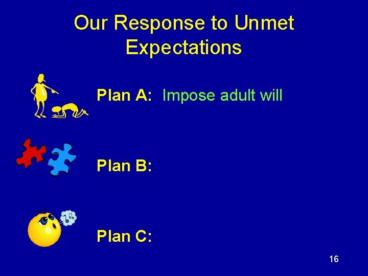 Our Response to Unmet Expectations Plan A: Impose adult will Plan B: Plan C: