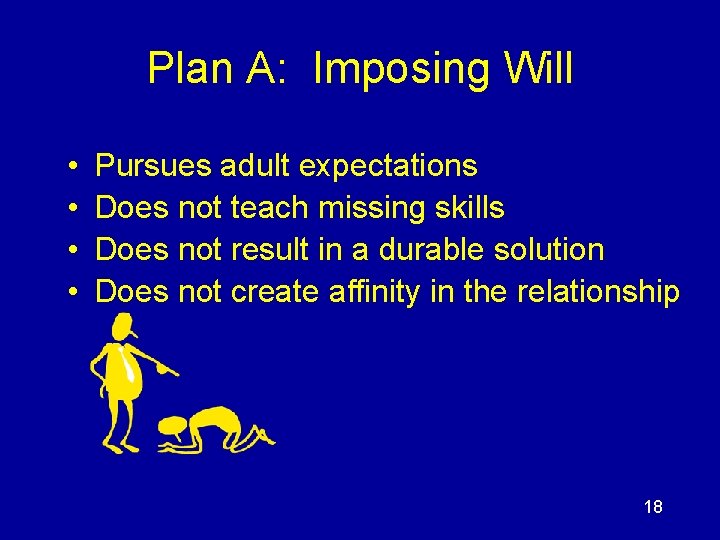 Plan A: Imposing Will • • Pursues adult expectations Does not teach missing skills