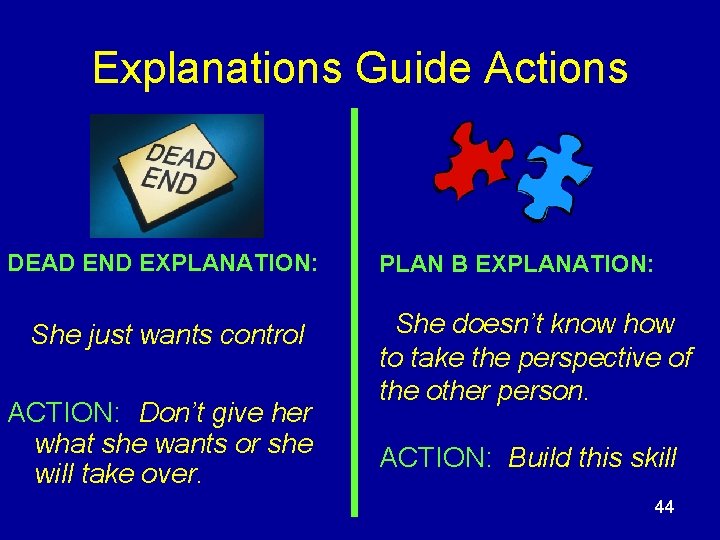 Explanations Guide Actions DEAD END EXPLANATION: She just wants control ACTION: Don’t give her