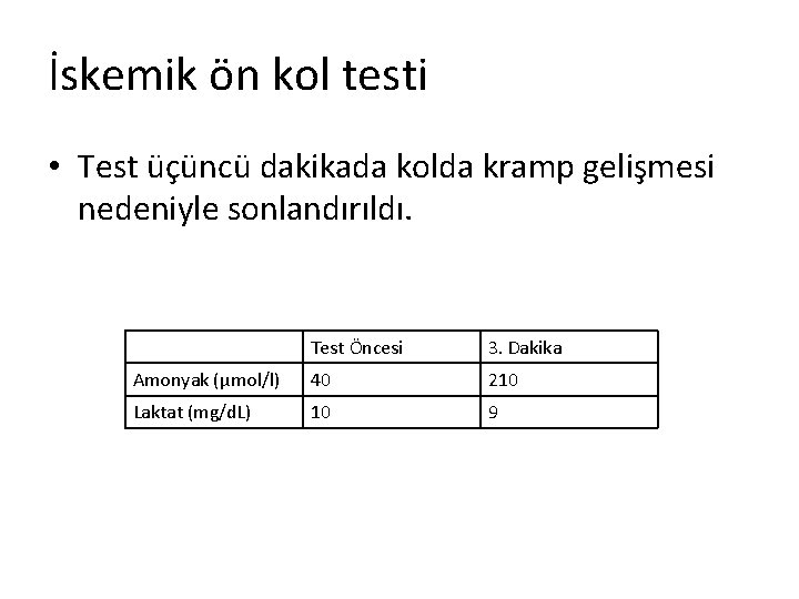 İskemik ön kol testi • Test üçüncü dakikada kolda kramp gelişmesi nedeniyle sonlandırıldı. Test