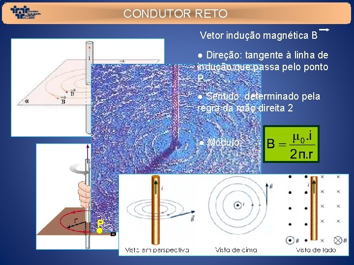 CONDUTOR RETO Vetor indução magnética B ● Direção: tangente à linha de indução que