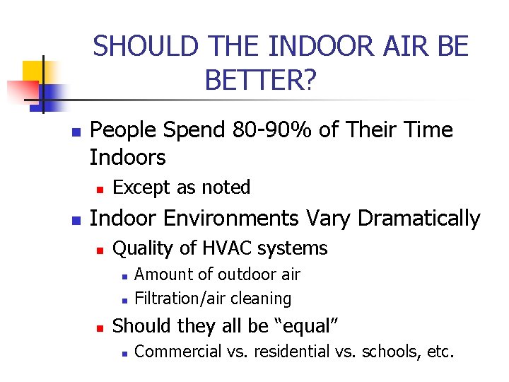 SHOULD THE INDOOR AIR BE BETTER? n People Spend 80 -90% of Their Time