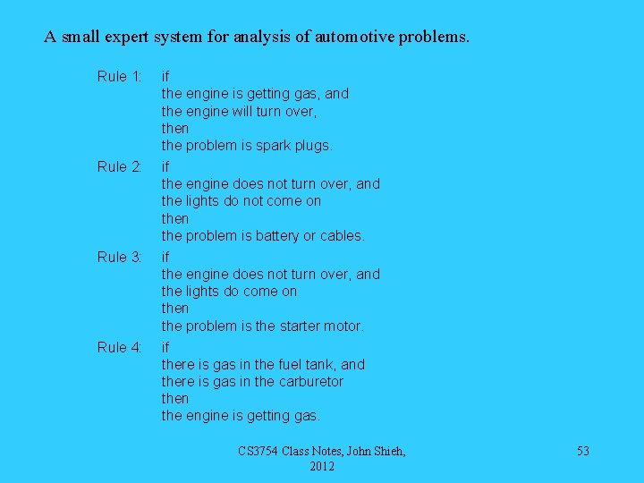 A small expert system for analysis of automotive problems. Rule 1: if the engine