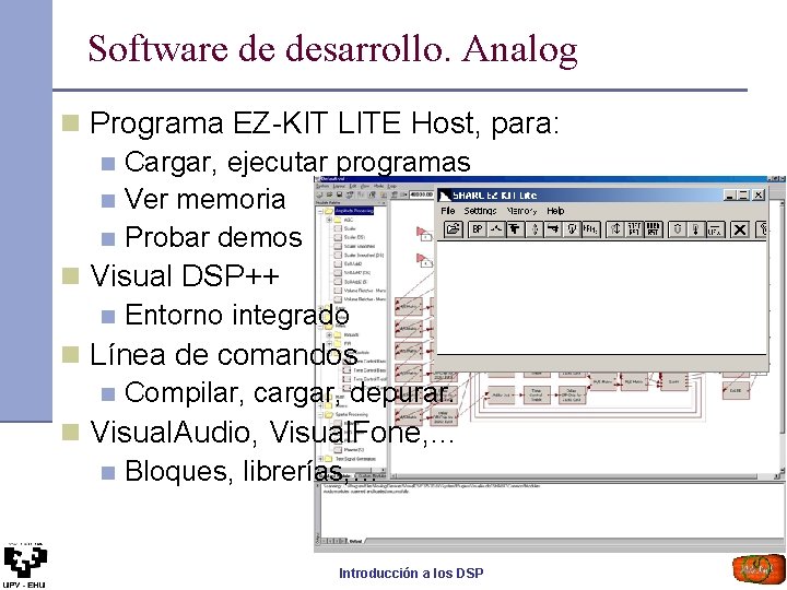 Software de desarrollo. Analog n Programa EZ-KIT LITE Host, para: n Cargar, ejecutar programas