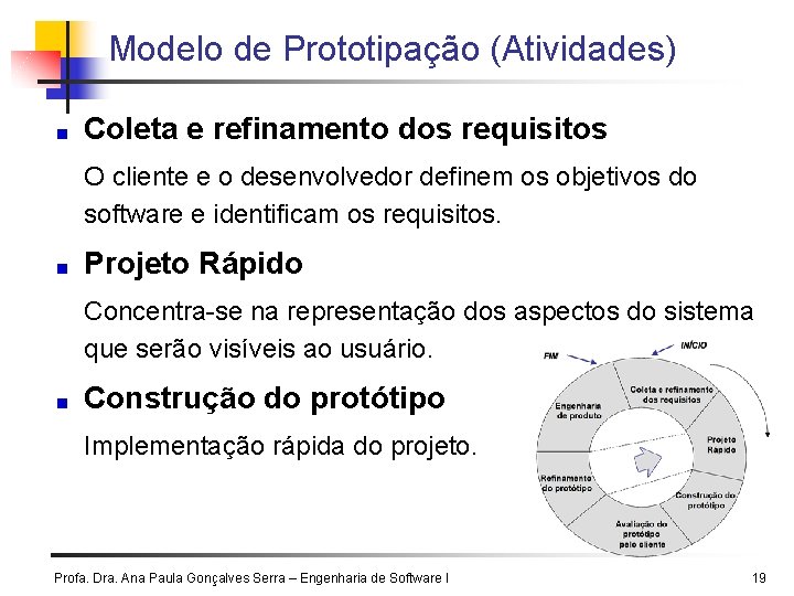 Modelo de Prototipação (Atividades) Coleta e refinamento dos requisitos O cliente e o desenvolvedor Modelo de Prototipação (Atividades) Coleta e refinamento dos requisitos O cliente e o desenvolvedor