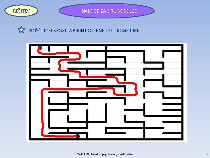 REŠITEV NALOGE ZA DRUGOŠOLCE POIŠČI POT SKOZI LABIRINT OD ENE DO DRUGE PIKE. MATHEMA,