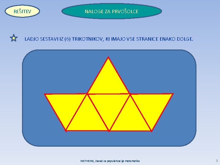 REŠITEV NALOGE ZA PRVOŠOLCE LADJO SESTAVI IZ (6) TRIKOTNIKOV, KI IMAJO VSE STRANICE ENAKO