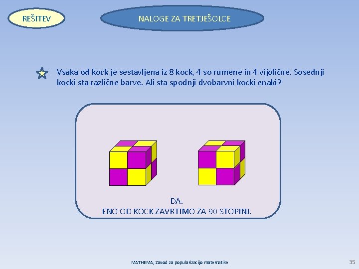 REŠITEV NALOGE ZA TRETJEŠOLCE Vsaka od kock je sestavljena iz 8 kock, 4 so