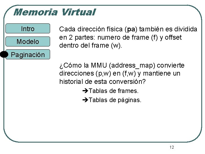 Memoria Virtual Intro Modelo Cada dirección física (pa) también es dividida en 2 partes: