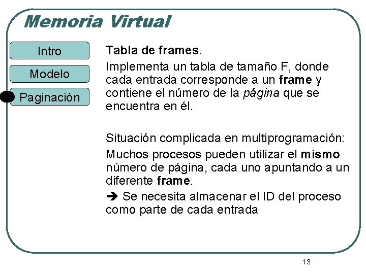 Memoria Virtual Intro Modelo Paginación Tabla de frames. Implementa un tabla de tamaño F,