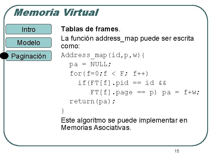 Memoria Virtual Intro Modelo Paginación Tablas de frames. La función address_map puede ser escrita