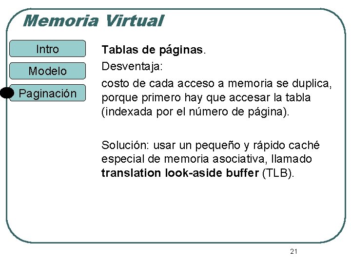 Memoria Virtual Intro Modelo Paginación Tablas de páginas. Desventaja: costo de cada acceso a