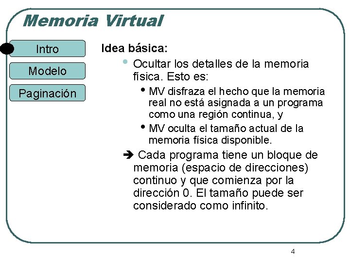 Memoria Virtual Intro Modelo Paginación Idea básica: • Ocultar los detalles de la memoria