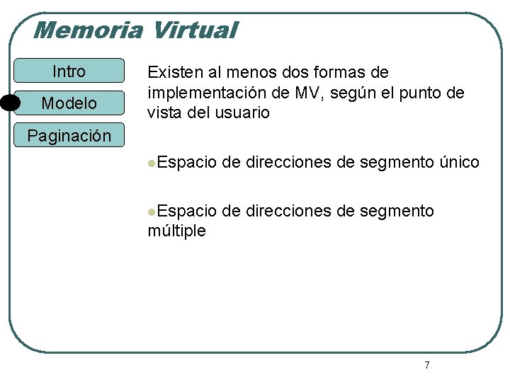 Memoria Virtual Intro Modelo Existen al menos dos formas de implementación de MV, según