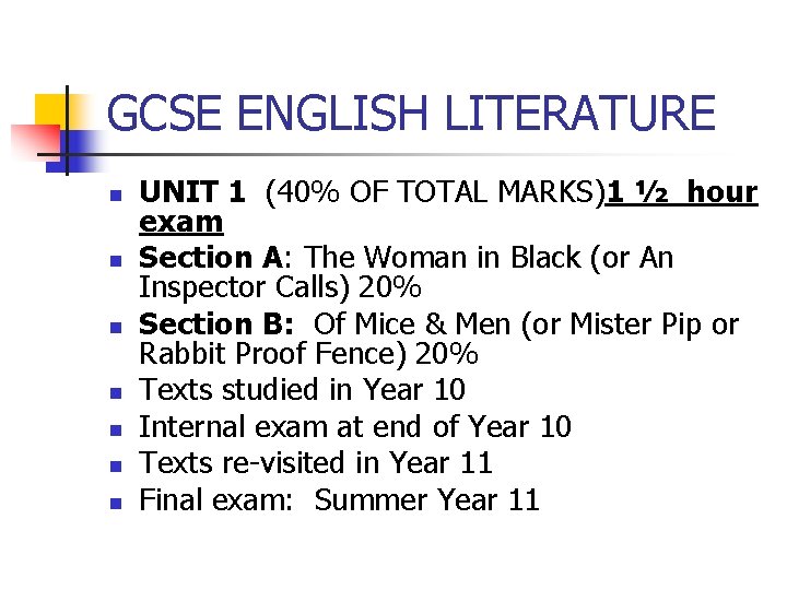 GCSE ENGLISH LITERATURE n n n n UNIT 1 (40% OF TOTAL MARKS)1 ½