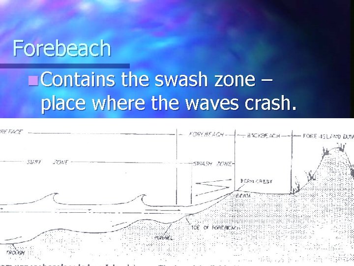 Forebeach n Contains the swash zone – place where the waves crash. Forebeach n Contains the swash zone – place where the waves crash.