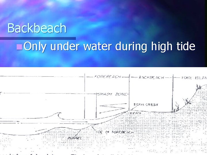 Backbeach n Only under water during high tide Backbeach n Only under water during high tide