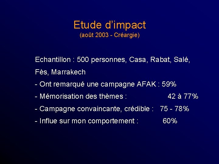 Etude d’impact (août 2003 - Créargie) Echantillon : 500 personnes, Casa, Rabat, Salé, Fès,