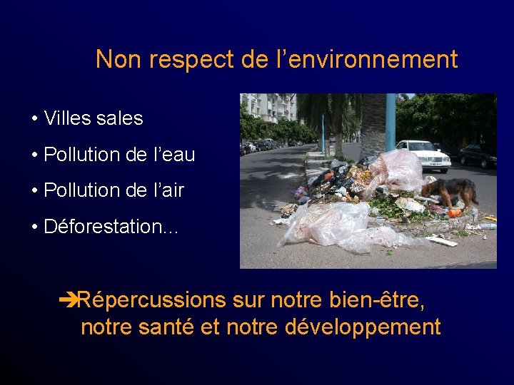 Non respect de l’environnement • Villes sales • Pollution de l’eau • Pollution de