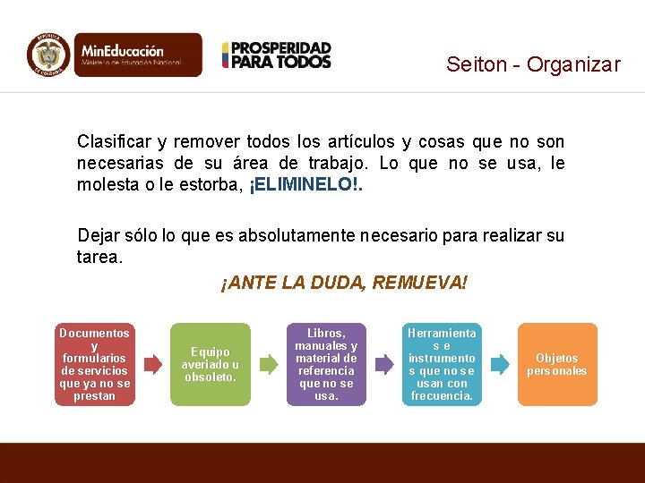Seiton - Organizar Clasificar y remover todos los artículos y cosas que no son Seiton - Organizar Clasificar y remover todos los artículos y cosas que no son