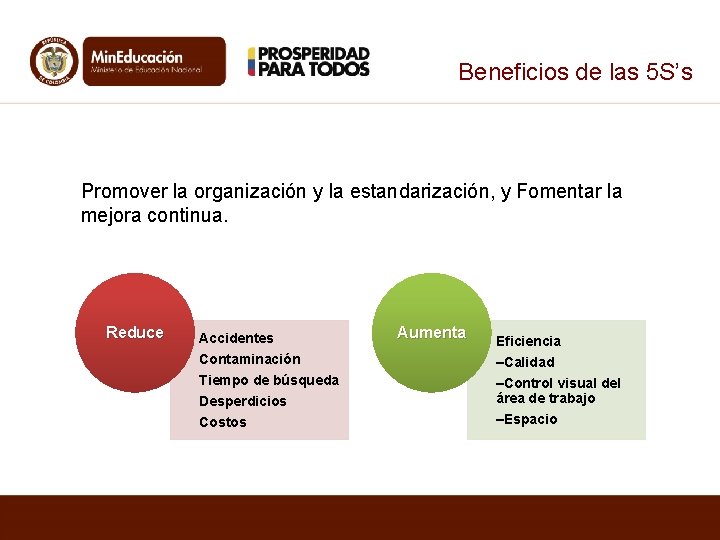 Beneficios de las 5 S’s Promover la organización y la estandarización, y Fomentar la Beneficios de las 5 S’s Promover la organización y la estandarización, y Fomentar la