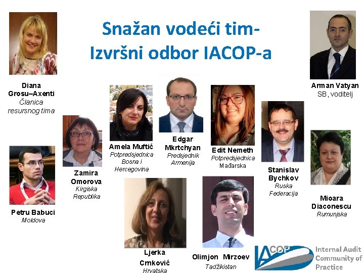 Snažan vodeći tim. Izvršni odbor IACOP-a Diana Grosu–Axenti Članica resursnog tima Arman Vatyan SB, Snažan vodeći tim. Izvršni odbor IACOP-a Diana Grosu–Axenti Članica resursnog tima Arman Vatyan SB,