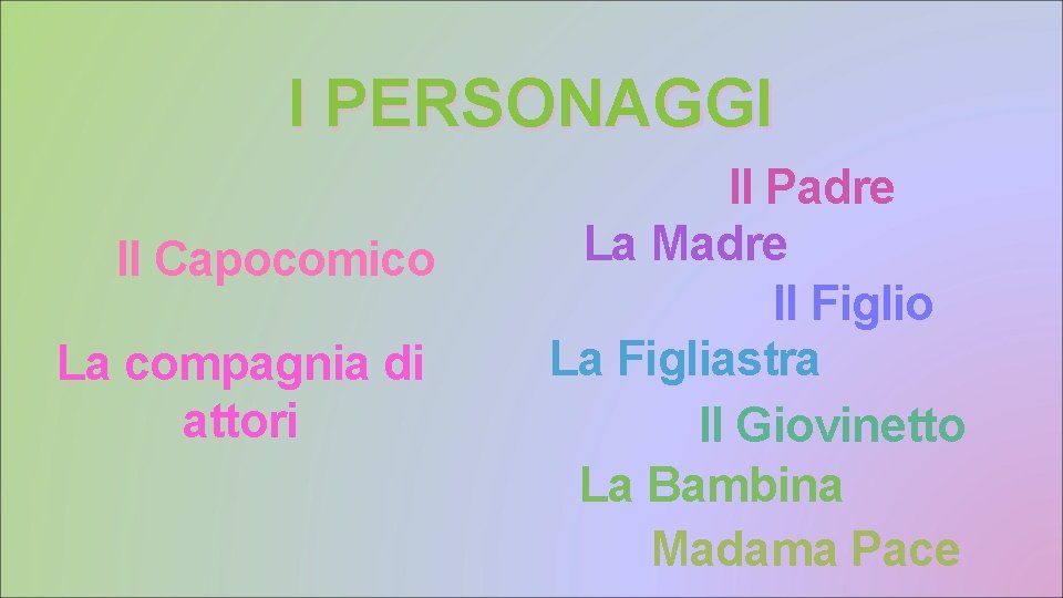 I PERSONAGGI Il Capocomico La compagnia di attori Il Padre La Madre Il Figlio