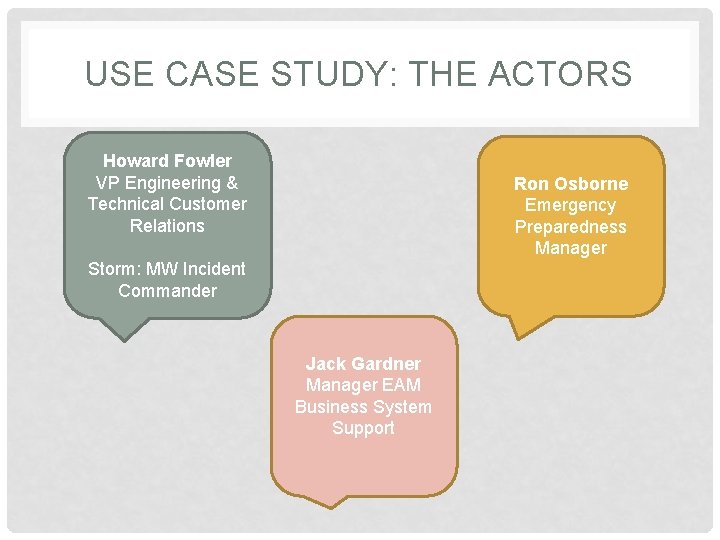 USE CASE STUDY: THE ACTORS Howard Fowler VP Engineering & Technical Customer Relations Ron