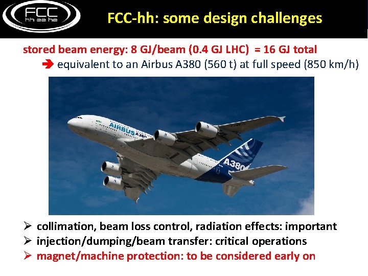 FCC-hh: some design challenges stored beam energy: 8 GJ/beam (0. 4 GJ LHC) =