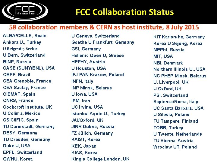 FCC Collaboration Status 58 collaboration members & CERN as host institute, 8 July 2015