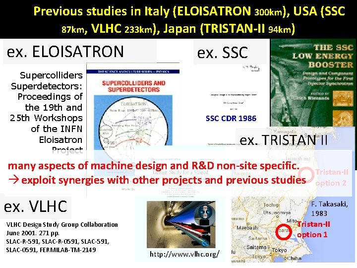 Previous studies in Italy (ELOISATRON 300 km), USA (SSC 87 km, VLHC 233 km),