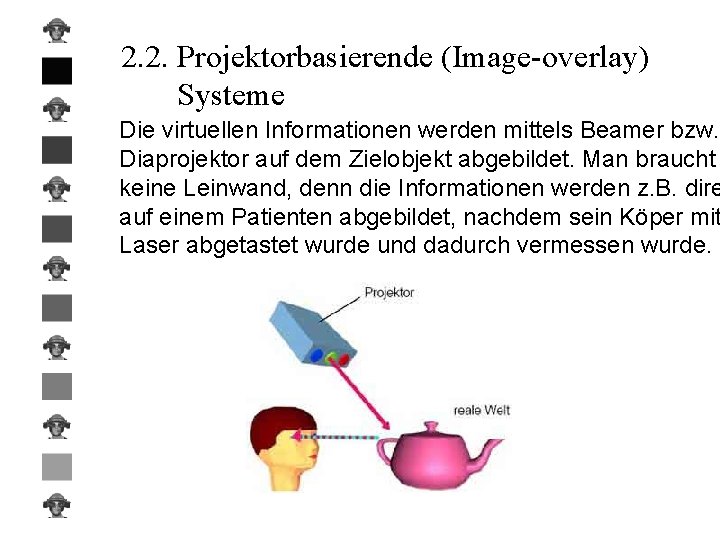 2. 2. Projektorbasierende (Image-overlay) Systeme Die virtuellen Informationen werden mittels Beamer bzw. Diaprojektor auf